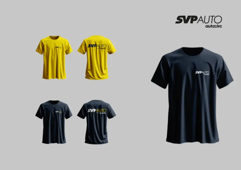 SVP Auto- Fardamento Mockup de T-shirts Azuis e Amarelas realizados pela OURS Team para a SVP Auto