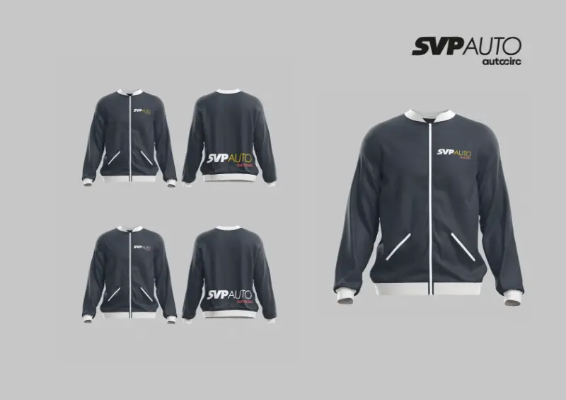 SVP Auto- Fardamento Mockup de Casacos azuis escuros com punhos brancos realizados pela OURS Team para a SVP Auto