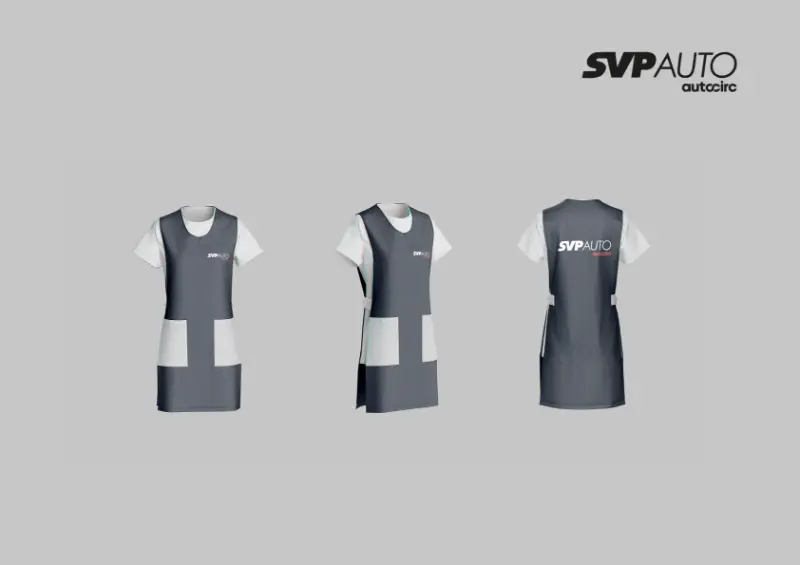 SVP Auto- Fardamento Mockup de batas de limpeza cinzenta realizadas pela OURS Team para a SVP Auto