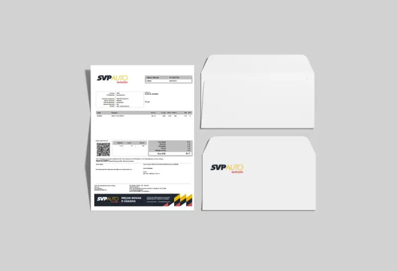 SVP Auto – Economato Mockup de Envelope Pequeno e Folha de Fatura simples, desenvolvido pela OURS Team para a SVP Auto